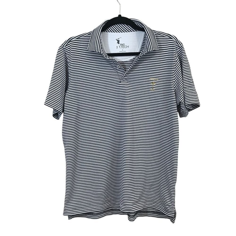 F&G Tech Mens S Black & White Striped Polo Shirt With Farley Cup Embroidery Golf